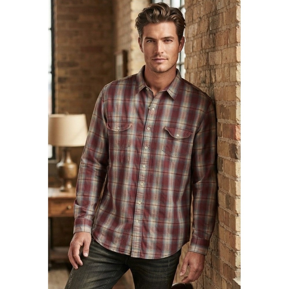 The Foundry Button Down Long Sleeve Flannel Plaid Shirt Men's XLT Red Cotton